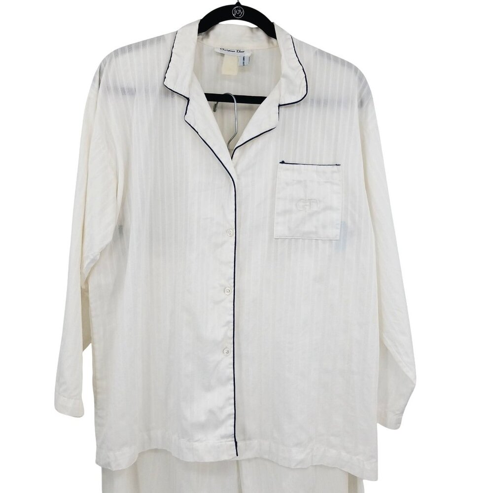 VTG Christian Dior White Striped Pajama Set CD Embroidered Pocket Designer Large